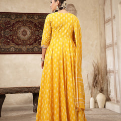 Kimayra Cotton Calf Length Printed 3/4 Sleeve V-Neck Flared Kurta Suit Set