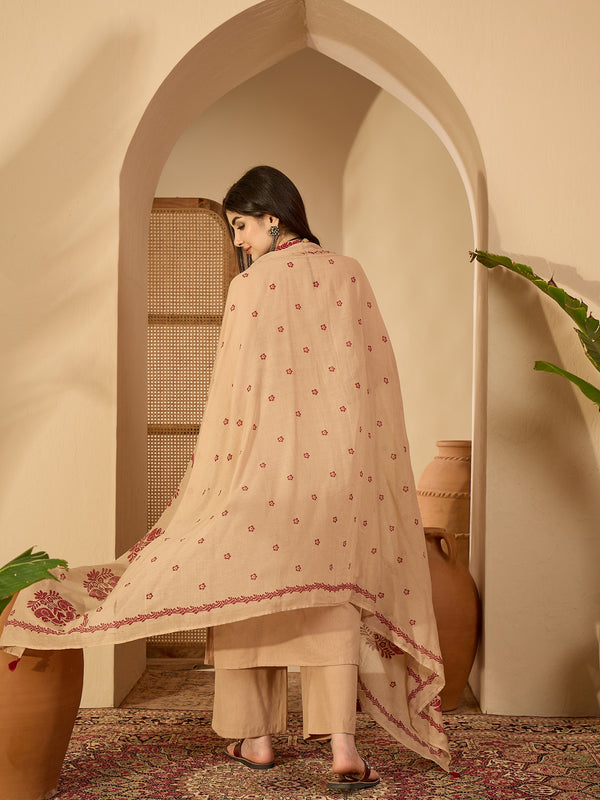 Kimayra Cotton Calf Length Printed Sleeveless Round Neck Straight Kurta Suit Set