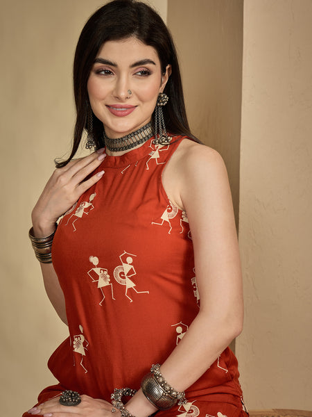 Kimayra Rayon Calf Length Printed Sleeveless Round Neck A-Line Kurta Suit Set