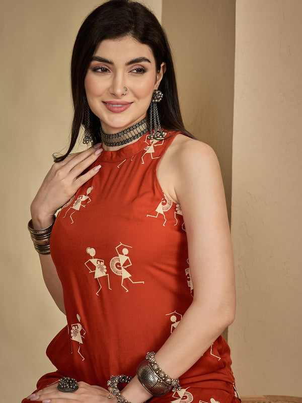 Kimayra Rayon Calf Length Printed Sleeveless Round Neck A-Line Kurta Suit Set