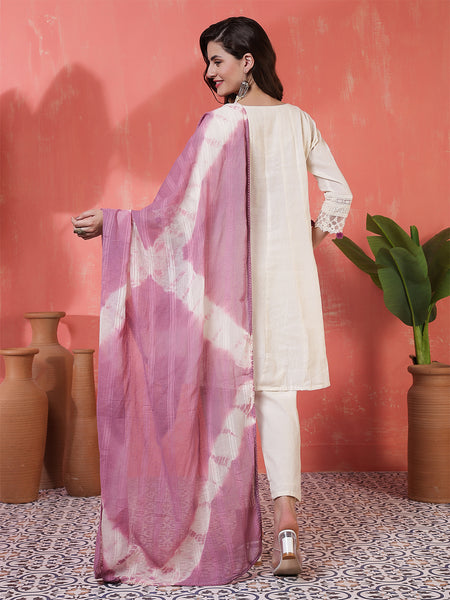 Kimayra Jacquard Knee Length Solid 3/4 Sleeves Round Neck Flared Kurta Suit Set