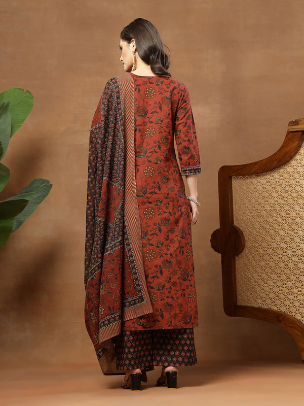 Kimayra Cotton Calf Length Printed 3/4 Sleeve Round Neck Straight Kurta Suit Set