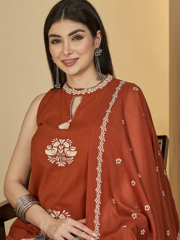 Kimayra Cotton Calf Length Printed Sleeveless Round Neck Straight Kurta Suit Set