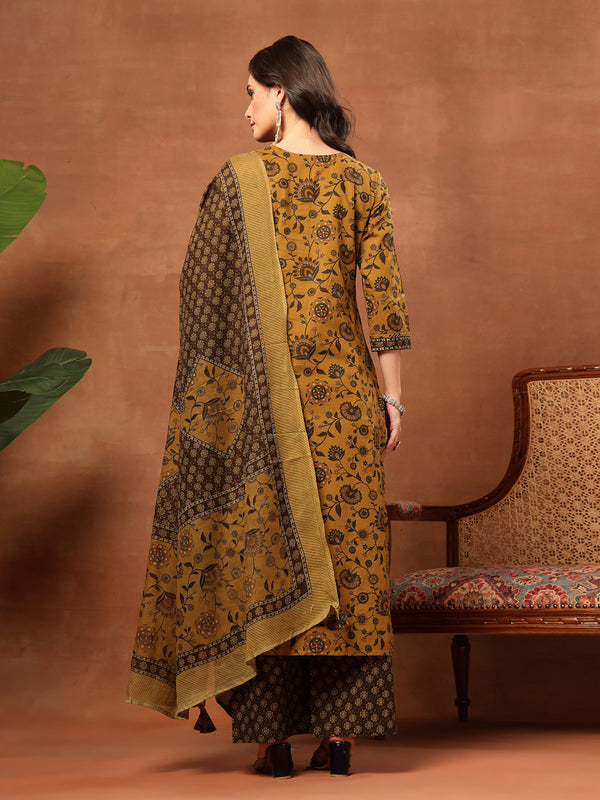 Kimayra Cotton Calf Length Printed 3/4 Sleeve Round Neck Straight Kurta Suit Set