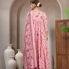 Kimayra Cotton Calf Length Printed 3/4 Sleeve Key Hole Neck Flared Kurta Suit Set