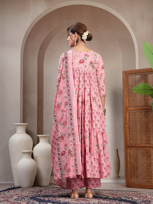Kimayra Cotton Calf Length Printed 3/4 Sleeve Key Hole Neck Flared Kurta Suit Set
