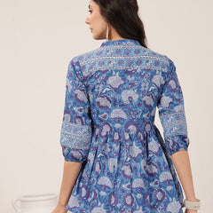 Kimayra  Hip Length Printed 3/4 Sleeve Mandarin Collar Flared Top