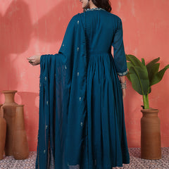 Kimayra Cotton Calf Length Printed 3/4 Sleeves Angrakha Anarkali Kurta Suit Set