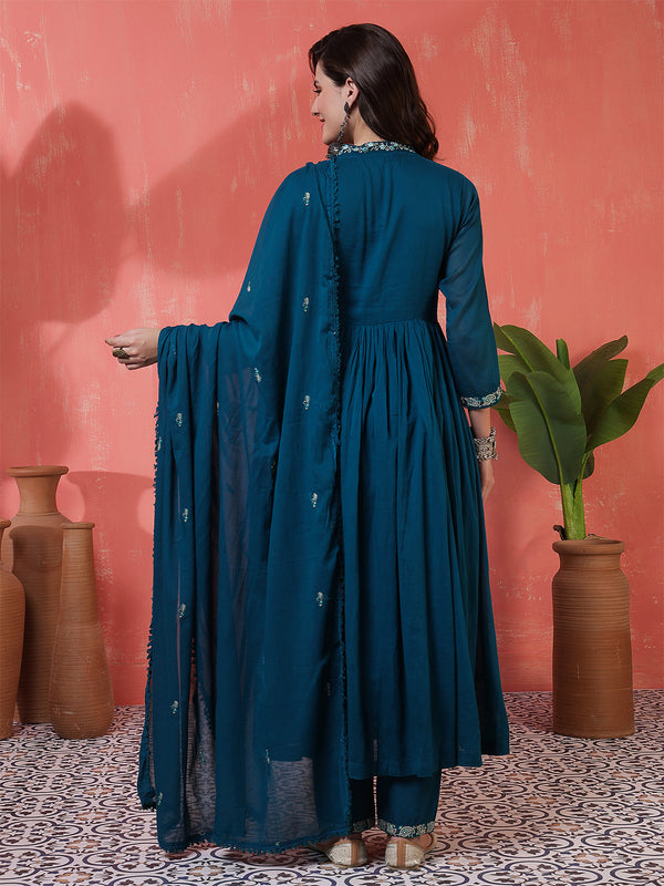 Kimayra Cotton Calf Length Printed 3/4 Sleeves Angrakha Anarkali Kurta Suit Set
