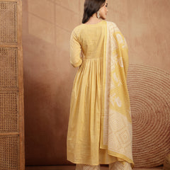 Kimayra Cotton Calf Length Printed 3/4 Sleeve V-Neck Flared Kurta Suit Set