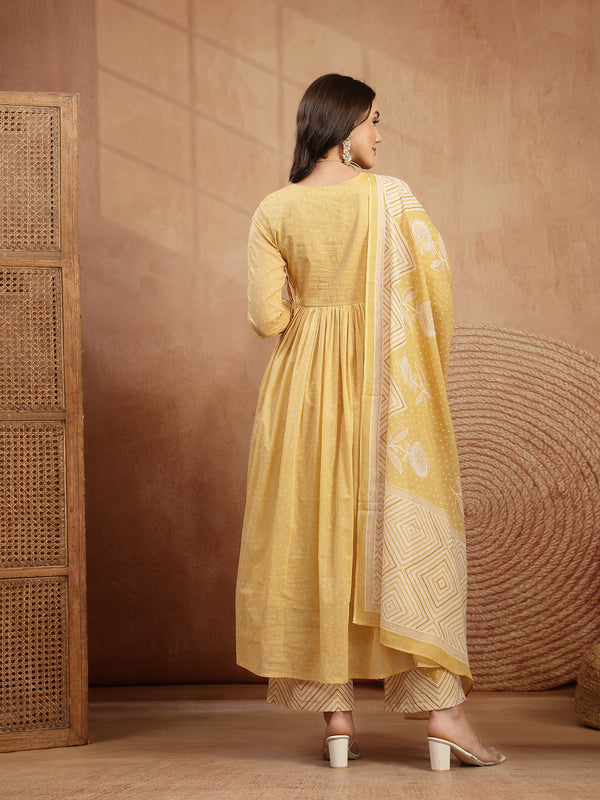 Kimayra Cotton Calf Length Printed 3/4 Sleeve V-Neck Flared Kurta Suit Set