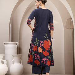 Kimayra Rayon Calf Length Printed 3/4 Sleeve V-Neck A-Line Kurta Suit Set