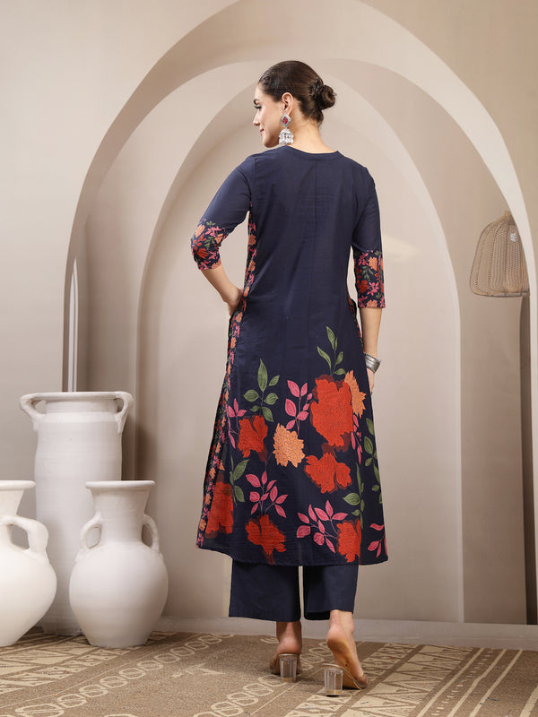 Kimayra Rayon Calf Length Printed 3/4 Sleeve V-Neck A-Line Kurta Suit Set
