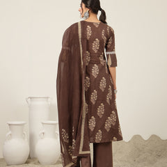 Kimayra Cotton Calf Length Printed 3/4 Sleeve V-Neck Flared Kurta Suit Set