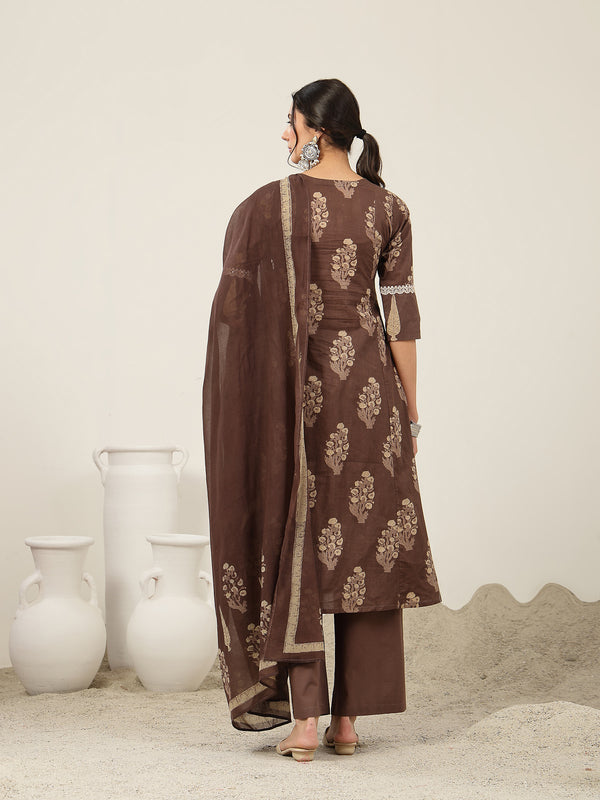 Kimayra Cotton Calf Length Printed 3/4 Sleeve V-Neck Flared Kurta Suit Set