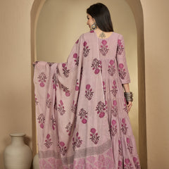 Kimayra Cotton Calf Length Printed 3/4 Sleeve Key Hole Neck Anarkali Kurta Suit Set