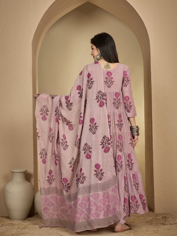 Kimayra Cotton Calf Length Printed 3/4 Sleeve Key Hole Neck Anarkali Kurta Suit Set