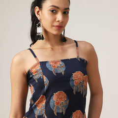 Kimayra Cotton Calf Length Printed Sleeveless Square Neck Straight Dress