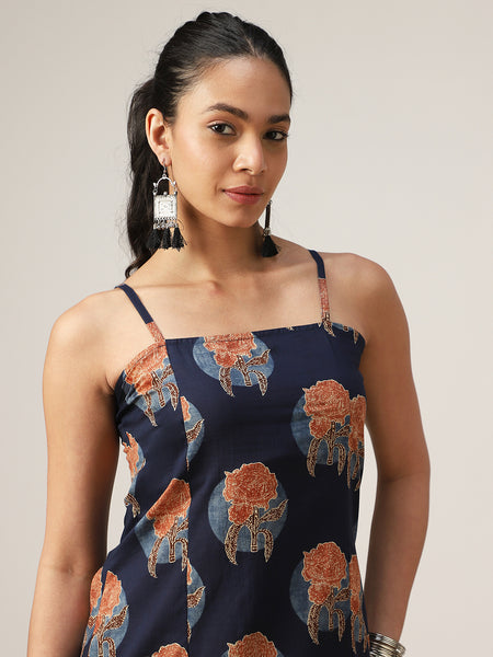Kimayra Cotton Calf Length Printed Sleeveless Square Neck Straight Dress