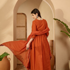 Kimayra Cotton Calf Length Solid 3/4 Sleeve V-Neck Anarkali Kurta Suit Set