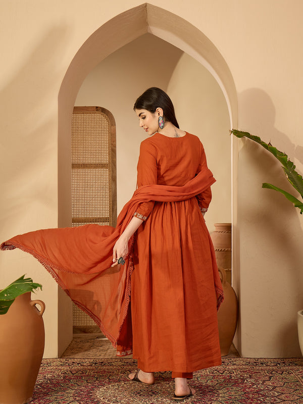Kimayra Cotton Calf Length Solid 3/4 Sleeve V-Neck Anarkali Kurta Suit Set