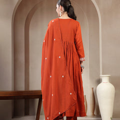 Kimayra Cotton Calf Length Solid 3/4 Sleeve Round Neck Flared Kurta Suit Set
