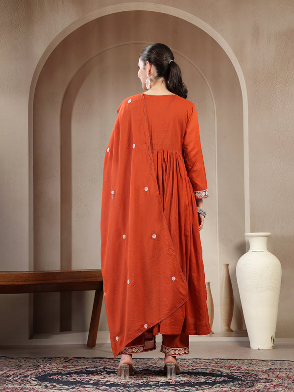 Kimayra Cotton Calf Length Solid 3/4 Sleeve Round Neck Flared Kurta Suit Set