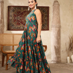 Kimayra Cotton Calf Length Printed Sleeveless Key Hole Neck Flared Kurta
