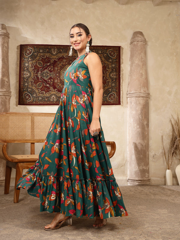 Kimayra Cotton Calf Length Printed Sleeveless Key Hole Neck Flared Kurta