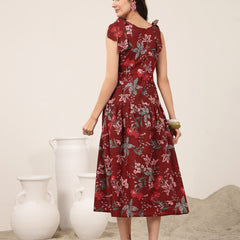 Kimayra Cotton Calf Length Printed Sleeveless Round Neck Flared Dress