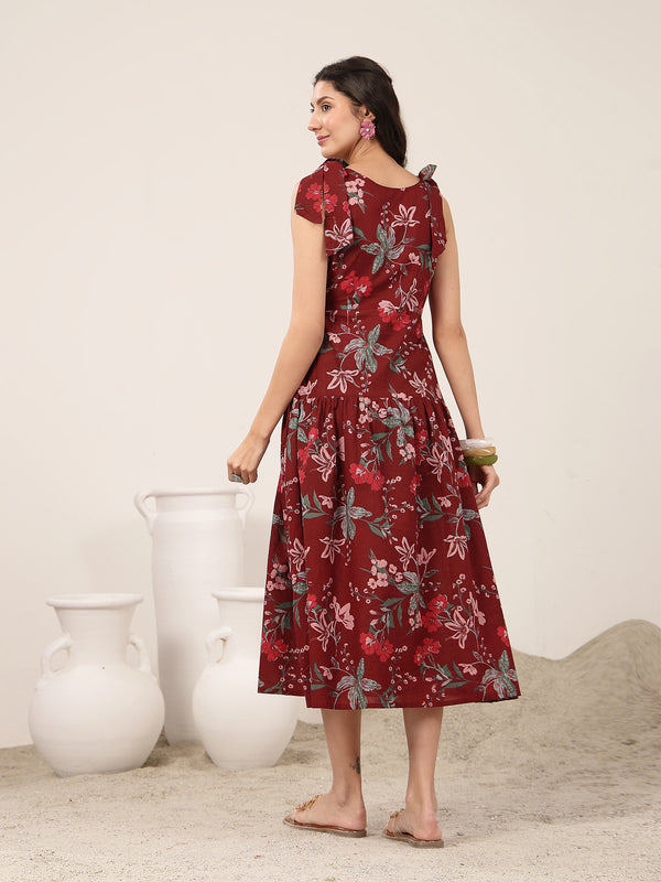 Kimayra Cotton Calf Length Printed Sleeveless Round Neck Flared Dress
