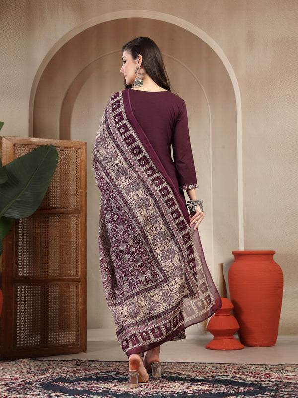 Kimayra Cotton Calf Length Solid 3/4 Sleeve Round Neck Straight Kurta Suit Set