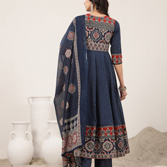 Kimayra Cotton Calf Length Printed 3/4 Sleeve Round Neck Flared Kurta Suit Set