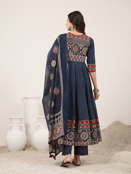Kimayra Cotton Calf Length Printed 3/4 Sleeve Round Neck Flared Kurta Suit Set