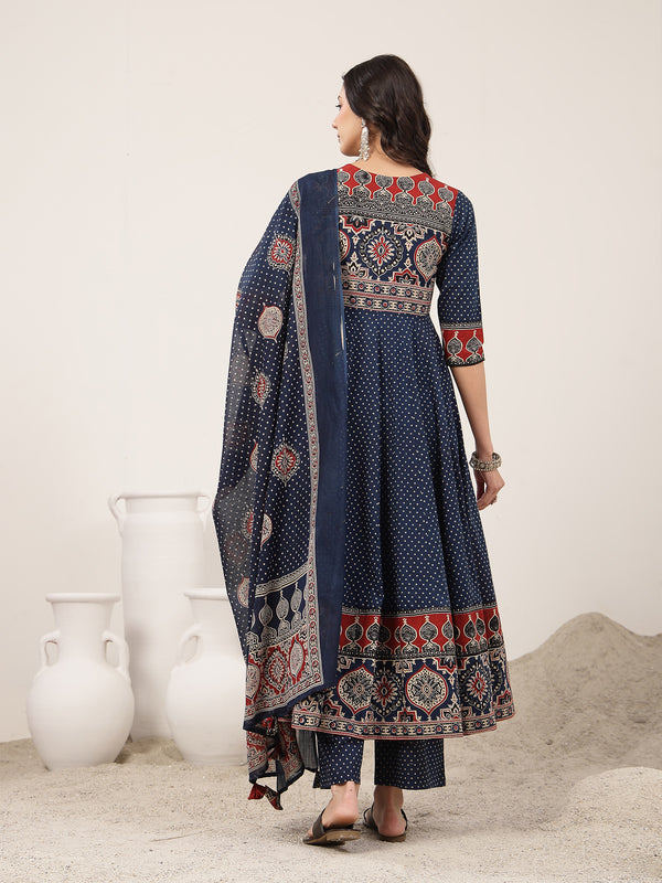 Kimayra Cotton Calf Length Printed 3/4 Sleeve Round Neck Flared Kurta Suit Set