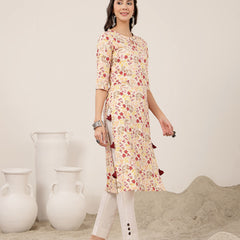 Kimayra Rayon Calf Length Printed 3/4 Sleeve Round Neck Straight Kurta