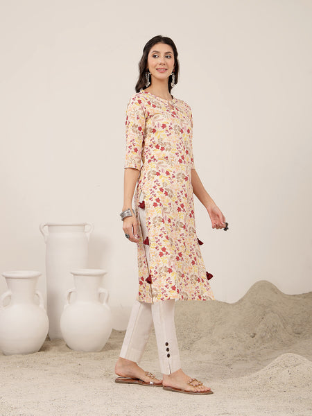 Kimayra Rayon Calf Length Printed 3/4 Sleeve Round Neck Straight Kurta