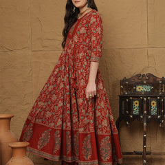 Kimayra Cotton Calf Length Printed 3/4 Sleeves Round Neck Anarkali Kurta Suit Set