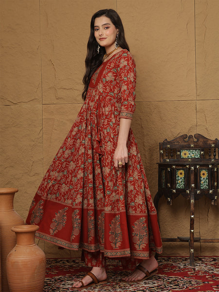 Kimayra Cotton Calf Length Printed 3/4 Sleeves Round Neck Anarkali Kurta Suit Set
