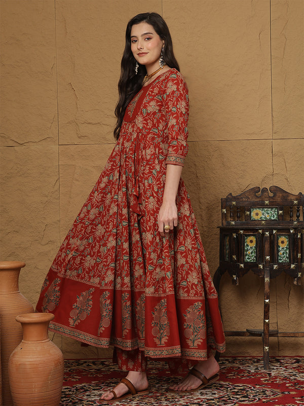 Kimayra Cotton Calf Length Printed 3/4 Sleeves Round Neck Anarkali Kurta Suit Set