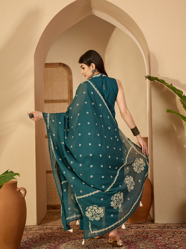 Kimayra Cotton Calf Length Printed Sleeveless Round Neck Straight Kurta Suit Set
