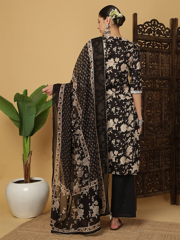 Kimayra Cotton Calf Length Printed 3/4 Sleeves Round Neck Anarkali Kurta Suit Set