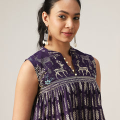 Kimayra Cotton Hip Length Printed Sleeveless Mandarin Collar Flared Top