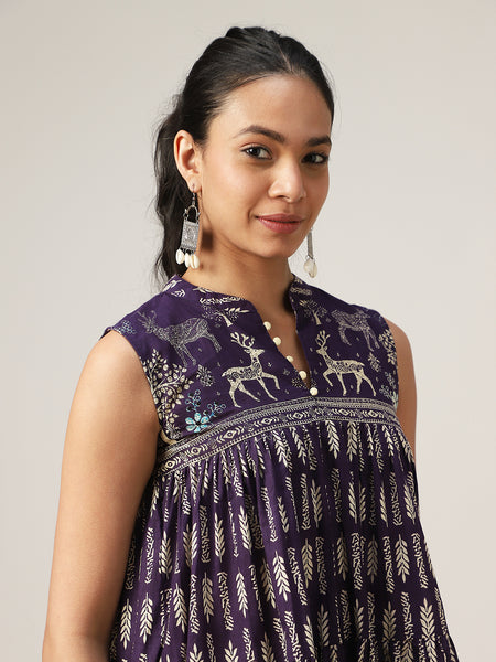 Kimayra Cotton Hip Length Printed Sleeveless Mandarin Collar Flared Top