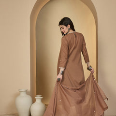 Kimayra Cotton Calf Length Solid 3/4 Sleeves V-Neck A-Line Kurta Suit Set