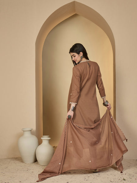 Kimayra Cotton Calf Length Solid 3/4 Sleeves V-Neck A-Line Kurta Suit Set
