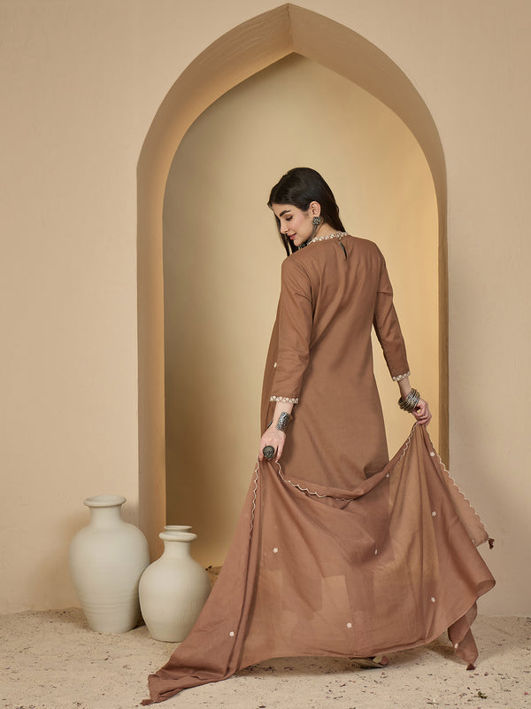 Kimayra Cotton Calf Length Solid 3/4 Sleeves V-Neck A-Line Kurta Suit Set