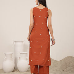Kimayra Cotton Calf Length Solid Sleeveless Round Neck Straight Kurta Suit Set