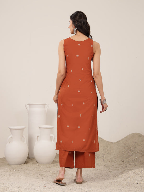 Kimayra Cotton Calf Length Solid Sleeveless Round Neck Straight Kurta Suit Set