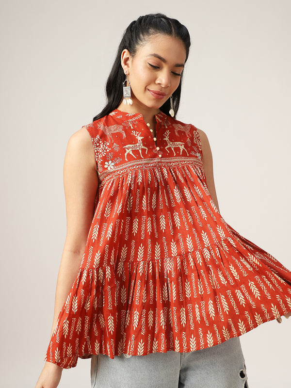 Kimayra Cotton Hip Length Printed Sleeveless Mandarin Collar Flared Top